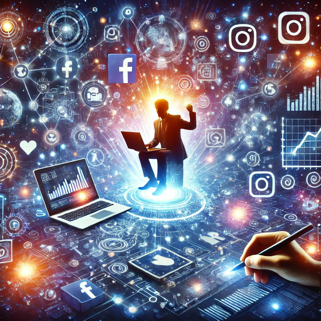 DALL·E 2024-12-23 21.57.03 - An artistic illustration of a digital business creator in action, surrounded by symbols of technology and creativity, such as laptops, smartphones, gr
